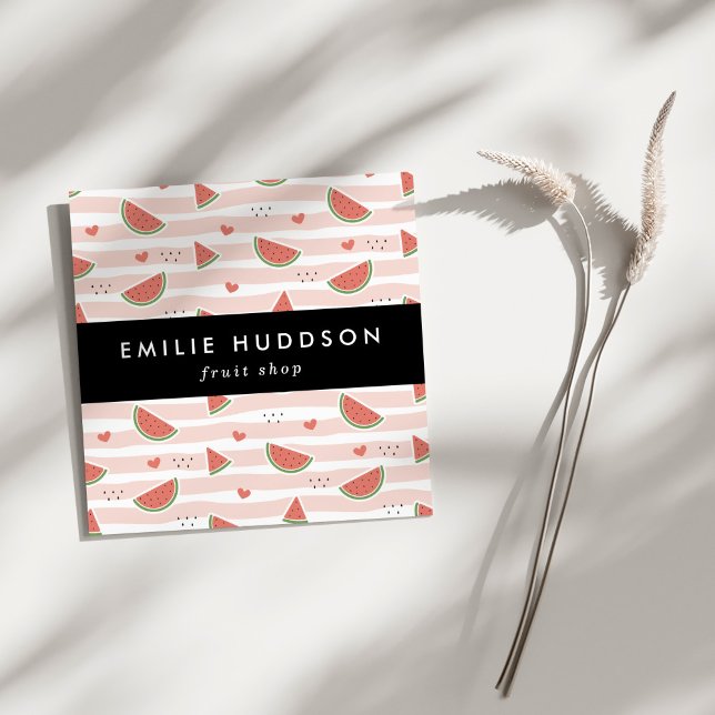 Red Watermelons, Hearts, Stripes, Your Name Square Business Card (Creator Uploaded)