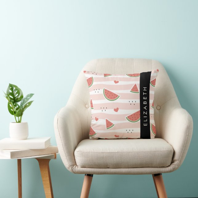 Red Watermelons, Hearts, Stripes, Your Name Throw Pillow (Chair)