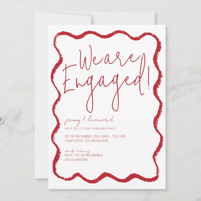 Red Wave Border Scallop Edge Engagement Party Invitation (Front)