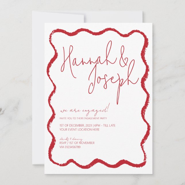 Red Wave Border Scallop Edge Engagement Party Invitation (Front)