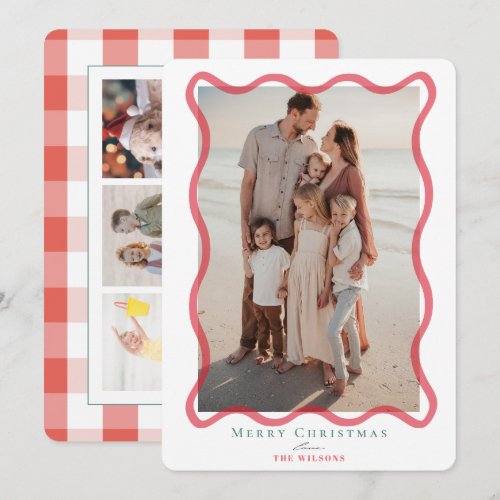 Red Wavy Frame 4 Photos Christmas Holiday Card