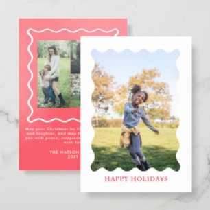Red Wavy Frame Christmas 4 photos Holiday Letterpress Photo Cards