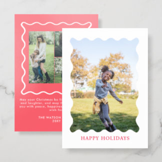 Red Wavy Frame Christmas 4 photos Holiday Letterpress Photo Cards