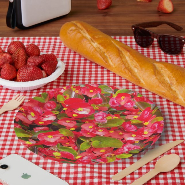 Red Wax Begonias Floral Paper Plates (Picnic)