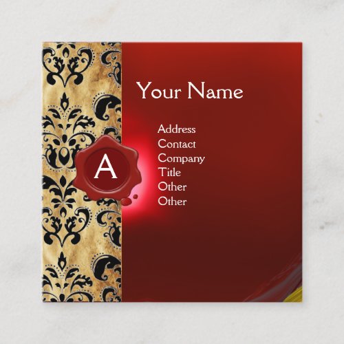 RED WAX SEAL DAMASK PARCHMENT MONOGRAM SQUARE BUSINESS CARD
