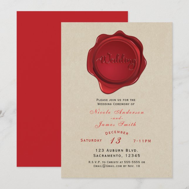 Red Wax Seal Elegant Kraft Brown Rustic Wedding Invitation (Front/Back)