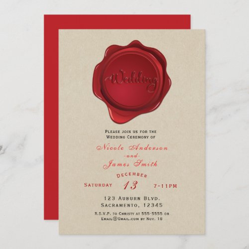 Red Wax Seal Elegant Kraft Brown Rustic Wedding Invitation