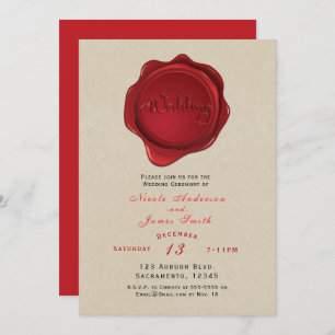 Red Wax Seal Elegant Kraft Brown Rustic Wedding Invitation