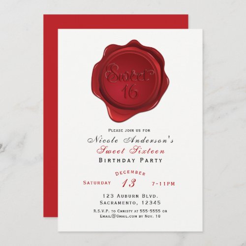 Red Wax Seal Sweet 16 Elegant Birthday Party Invitation