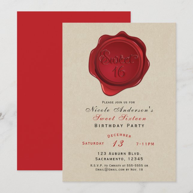Red Wax Seal Sweet 16 Rustic Kraft Birthday Party Invitation (Front/Back)
