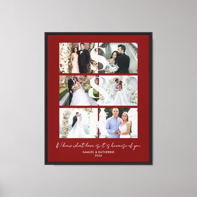 Red Wedding 6 Photo Collage Monogram Names Canvas Print (Front)