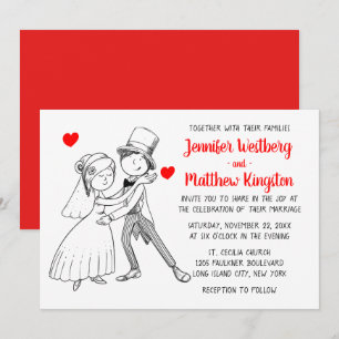 Red Wedding Cartoon Bride Groom Vintage Modern Invitation