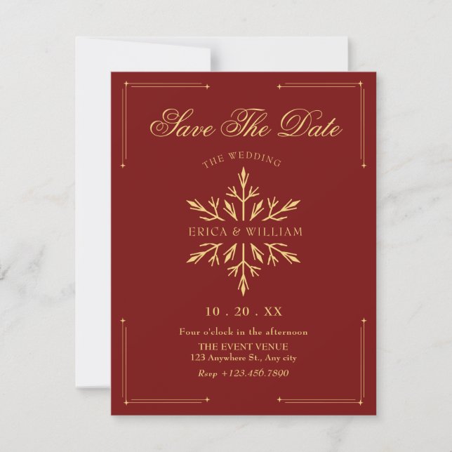 Red Wedding christmas snowflake Save The Date (Front)