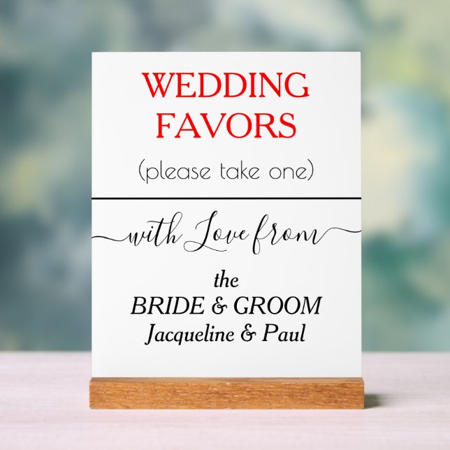 Red Wedding Favors Typography NAMES  Acrylic Sign (Neutral)