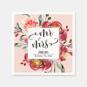 Red Wedding Flower Bouquet Mr & Mrs Script, Blush Napkins