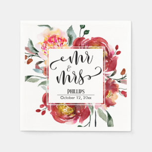 Red Wedding Flower Bouquet Mr & Mrs Typography Napkins