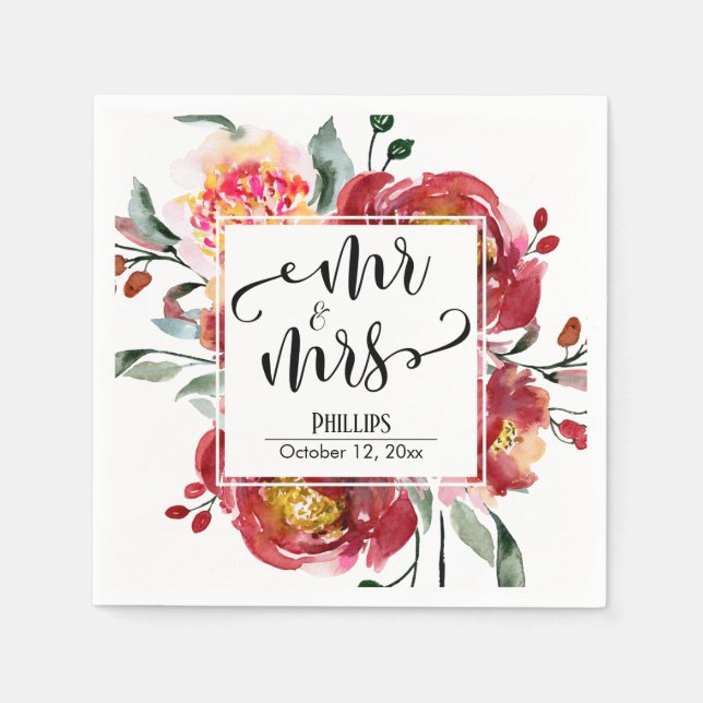 Red Wedding Flower Bouquet Mr & Mrs Typography Napkins (Front)