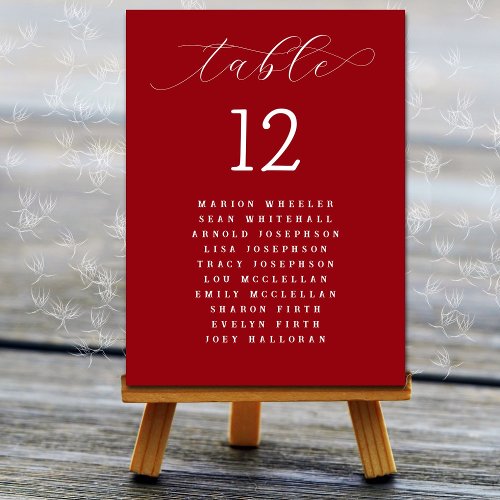 Red Wedding Guest Names List Table Number Cards