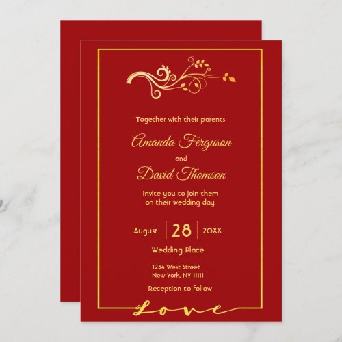 Red wedding invitation card with faux gold decor