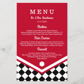 Red Wedding Menu with Black Checkered Pattern