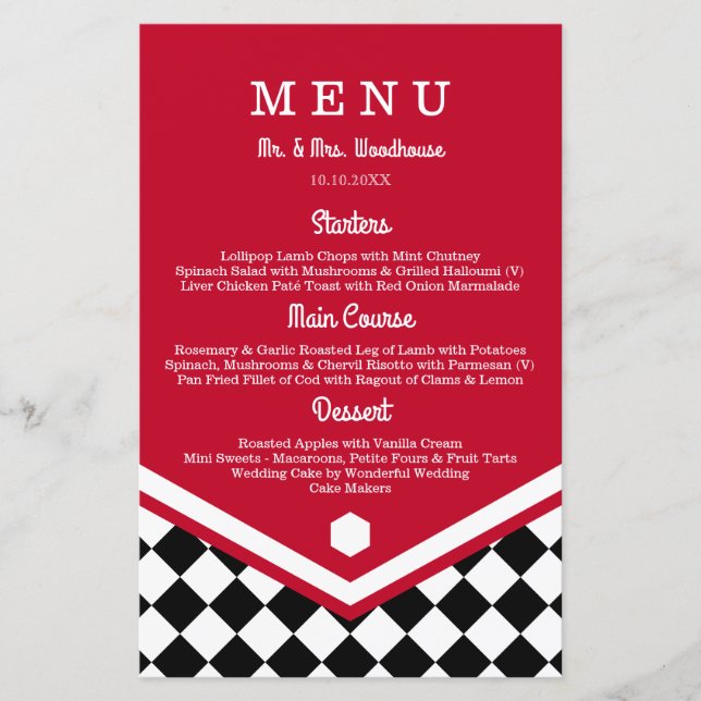 Red Wedding Menu with Black Checkered Pattern (Front)