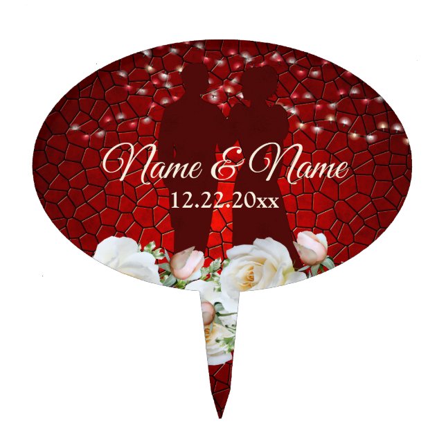 Red Wedding Party White Floral Modern Cake Topper (Front)