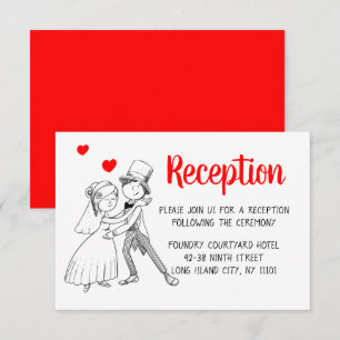 Red Wedding Reception Cartoon Bride Groom Vintage Invitation