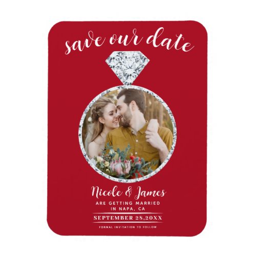 Red Wedding Ring Bling Photo Save the Date Magnet