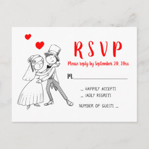 Red Wedding RSVP Cartoon Bride Groom Vintage Cute Invitation Postcard