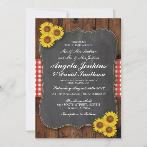 Red Wedding Rustic Sunflower Wood Chalk Invite