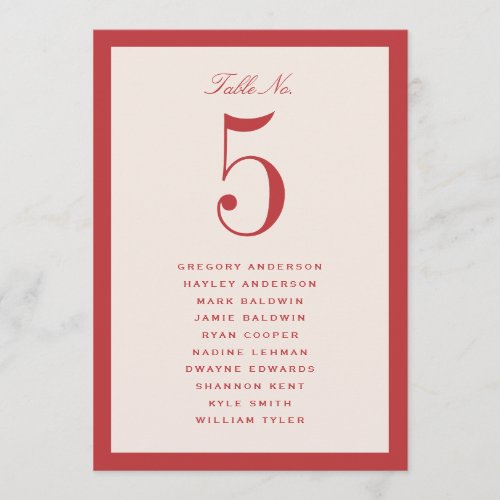 Red Wedding Table Seating Chart Card
