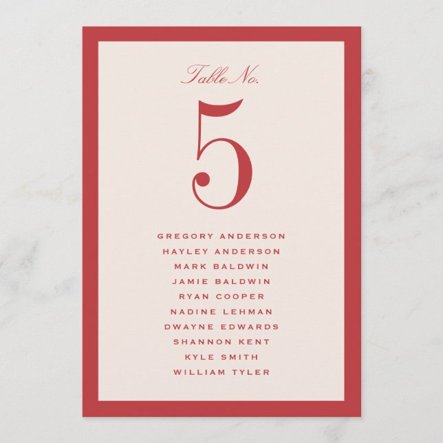 Red Wedding Table Seating Chart Card (Front)