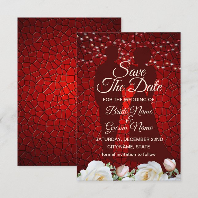Red Wedding White Flowers Modern Save The Date (Front/Back)
