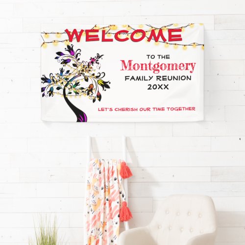 Red Welcome Family Reunion Tree Lights Banner