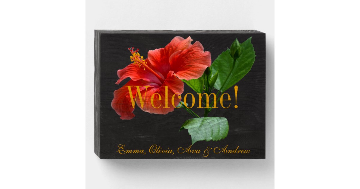 Red Welcome Hibiscus Flower Family Names Wooden Box Sign Zazzle Com