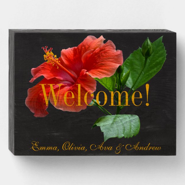 Red Welcome Hibiscus Flower Family Names Wooden Box Sign (Front Horizontal)