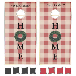 Red “Welcome” HOME Farmhouse Plaid Gingham Modern Cornhole Set