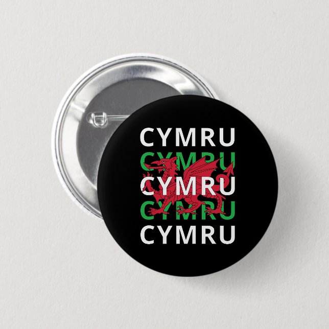 Red Welsh Dragon Cymru Repeating Text Wales Roots Button (Front & Back)