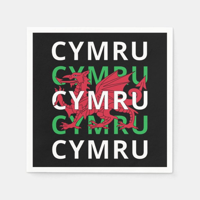 Red Welsh Dragon Cymru Repeating Text Wales Roots Napkins (Front)