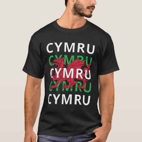 Red Welsh Dragon Cymru Repeating Text Wales Roots T_Shirt