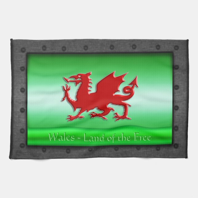 Red Welsh Dragon, riveted steel frame with green Towel (Horizontal)