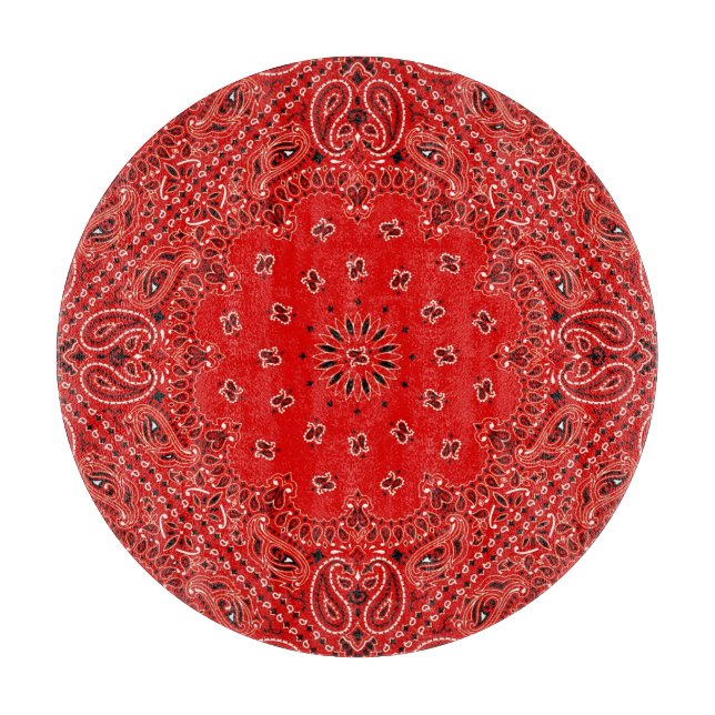 Red Western Bandana Paisley Scarf Fabric Glass Art Cutting Board (Front)