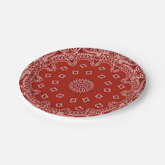 Red Western Bandana pattern party paper plate (Angled)