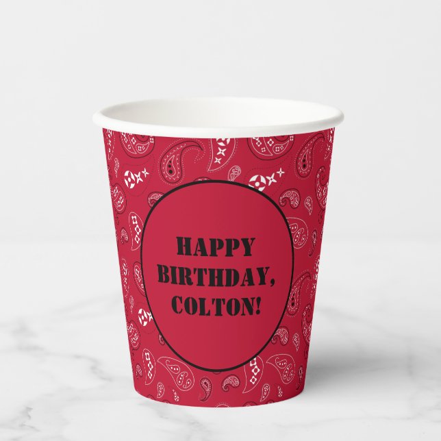 Red Western Bandana Print Birthday Party Paper Cups (Front)