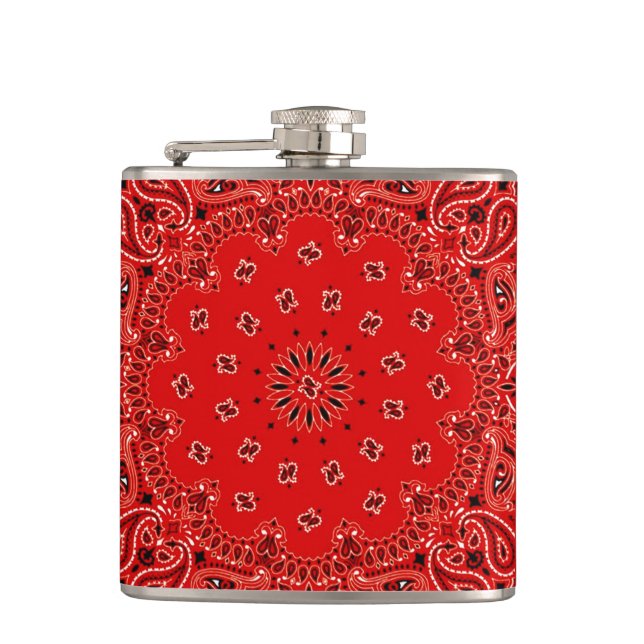 Red Western Bandana Scarf Fabric Wrap Hip Flask (Front)
