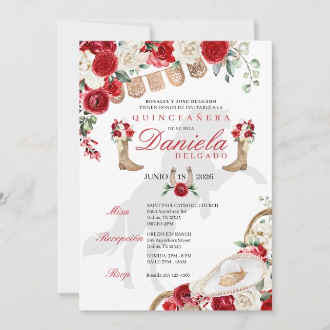Red Western Boots & Roses Papel Picado Quinceañera Invitation (Front)