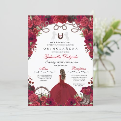 Red Western Charra Princess Ranchero Quinceanera Invitation