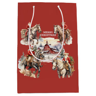 Red Western Christmas Santa On Horseback Gift Bag