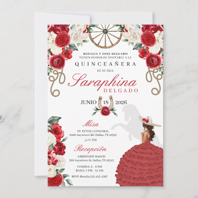 Red Western Cowgirl Ropes & Roses Quinceañera Invitation (Front)