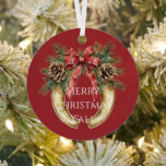 Red Western Gold Horse Shoe Christmas Pine Cones Metal Ornament
